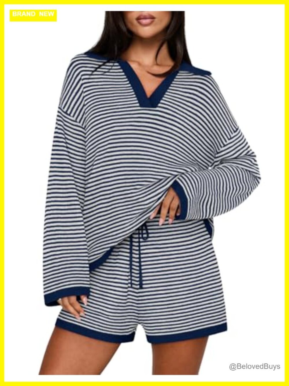 Lounge Sweater Sets for Women 2 Piece Outfits Long Sleeve Striped Tops Shorts